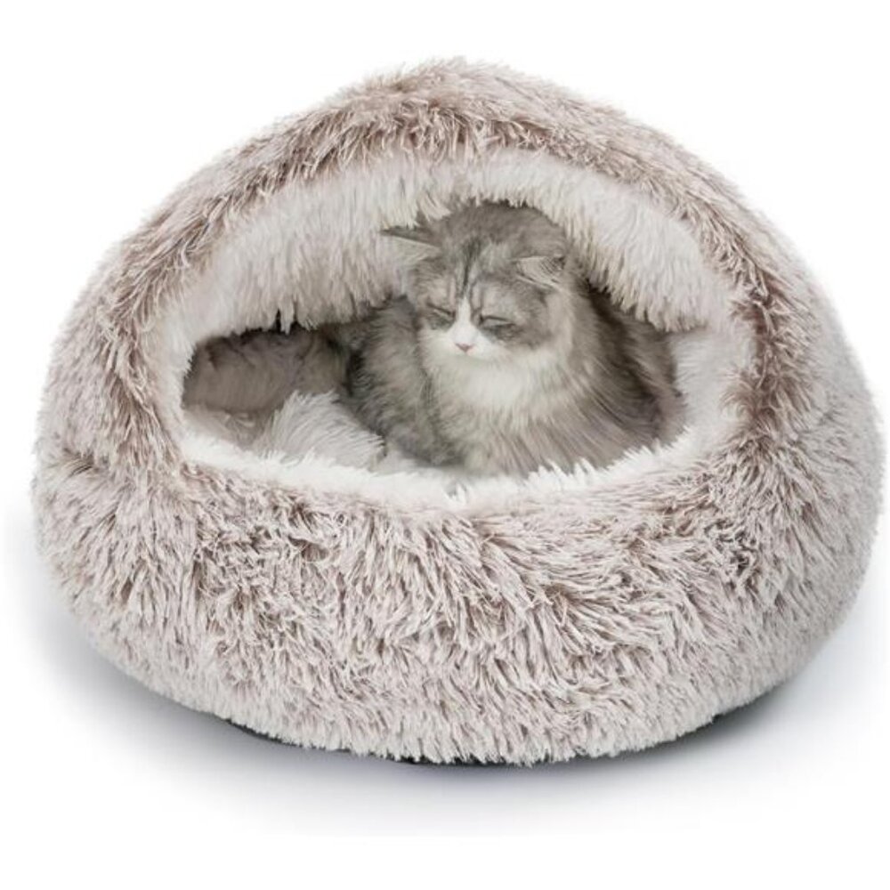 Plush Cat Bed Hooded Cozy Donut Nest Self Warming Indoor Small Dog Kitten Cave